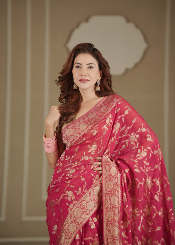 Khaddi Georgette Raspberry & Golden